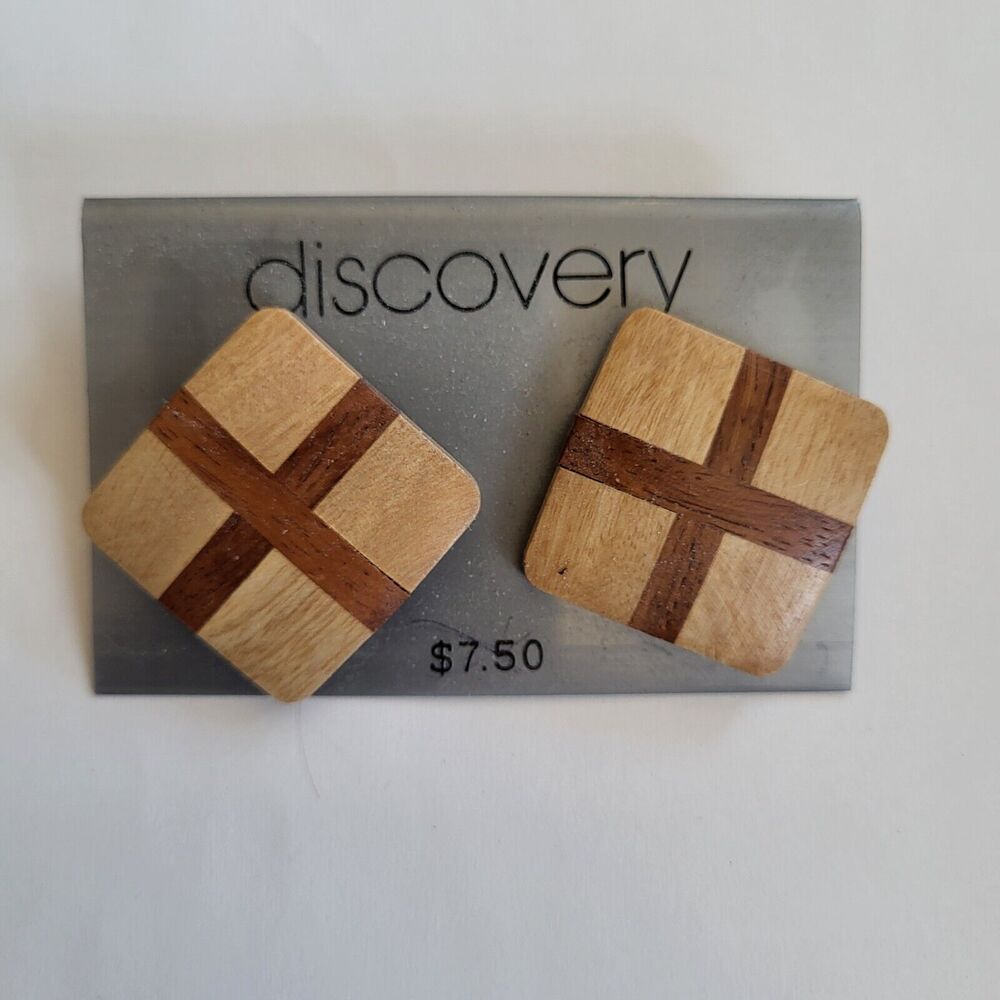 Vtg Discovery Pierced Stud Earrings Wooden Inlay Square New Original Store Card